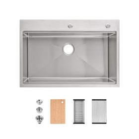Stainless Steel Kitchen Sink, 33″x22″ Single Bowl, Overmount Handmade Sink in Brushed, with Cutting Board, Colander