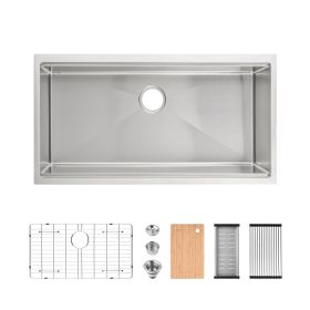 Stainless Steel Kitchen Sink, 36″x19″ Single Bowl, Undermount Handmade Sink in Brushed, with Cutting Board, Colander, Grid