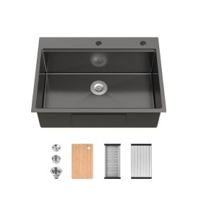 Stainless Steel Kitchen Sink, 30″x22″ Single Bowl, Overmount Handmade Sink in Black, with Cutting Board, Colander