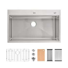 Stainless Steel Kitchen Sink, 36″x22″ Single Bowl, Overmount Handmade Sink in Brushed, with Cutting Board, Colander, Grid