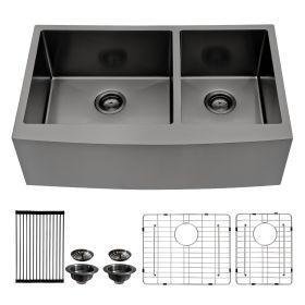 36 Inch Gunmetal Black Farmhouse Sink 16 Gauge Kitchen Sink Apron Front Double Bowl 50/50 Stainless Steel Sink