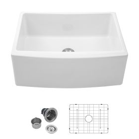 White Farmhouse Sink - 24 inch White Kitchen Sink Ceramic Arch Edge Apron Front Single Bowl Farm Kitchen Sinks