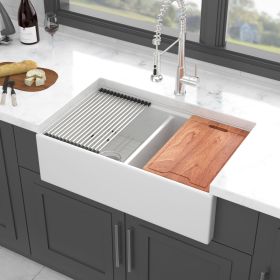 White Farmhouse Sink Workstation - 33 inch White Ceramic Double Bowl Farm Kitchen Sink