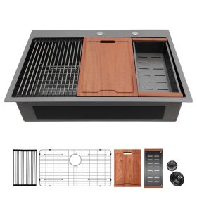 33" Drop in Kitchen Sink - 33*22 inch Gunmetal Black Kitchen Sink Topmount Single Bowl 16 Gauge Stainless Steel Ledge Workstation Kitchen Sinks