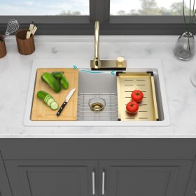 Drop In Waterfall Kitchen Sink - 33x22" White Composite Granite Quartz Single Bowl Workstation kitchen sink with Pull-Out Faucet